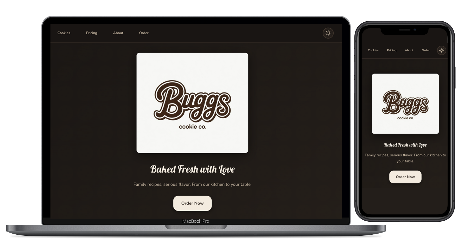 Buggs Cookie Co. website on desktop and mobile